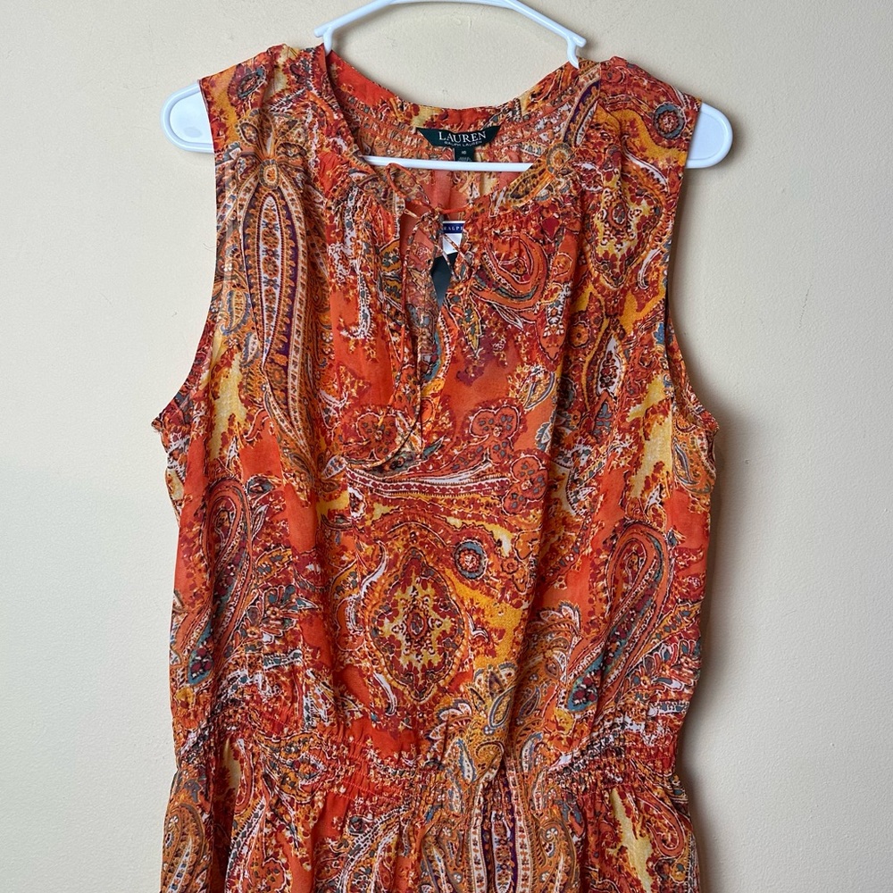 Lauren Ralph Lauren Split Neck Sheer Sleeveless Paisley Blouson Beach Dress 16 - Picture 3 of 11
